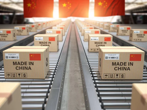 Hecho en China. Cajas de cartón con texto hecho en China y chine — Foto de Stock