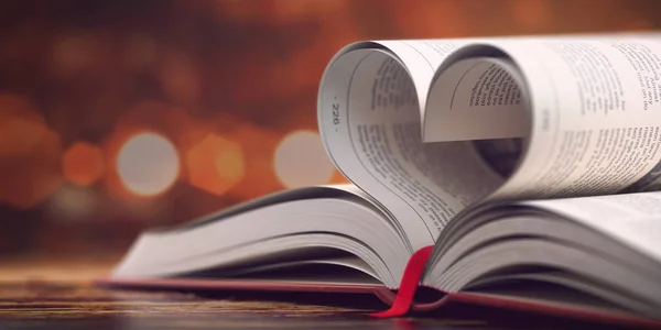 Libro con páginas abiertas en forma de corazón. Lectura, religión y l — Foto de Stock