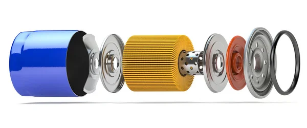 Car oil filter isolated on white. Exploded view. — Stock Photo, Image