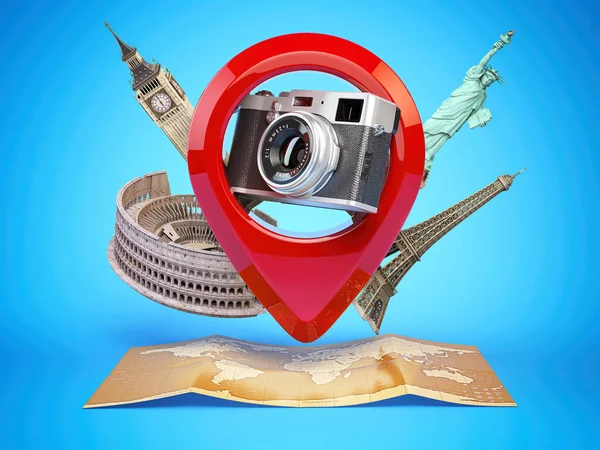 Foto-Geotag-Konzept. Kamera im Nadelzeiger mit berühmten Orten — Stockfoto