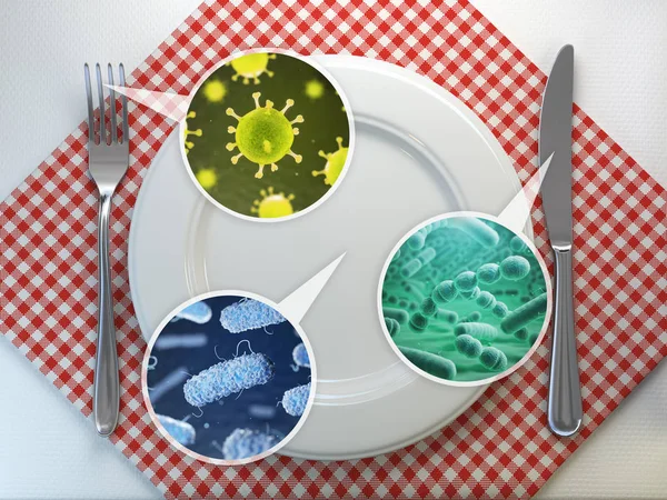 Ustensiles de cuisine sales et concept de bacterie alimentaire. Plaque d'ustensiles — Photo