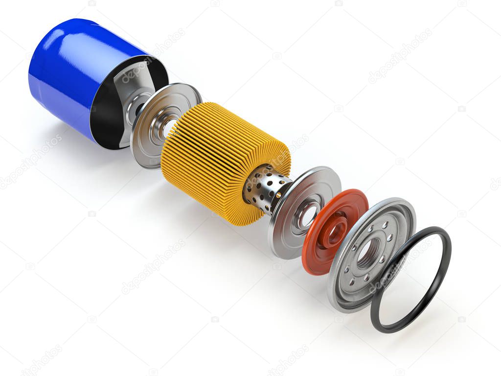 Car oil filter isolated on white. Exploded view.