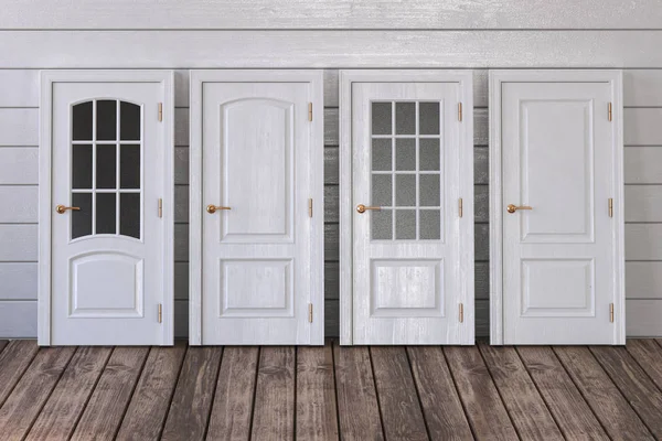 Beyaz ahşap arka planda farklı tipte beyaz kapılar. — Stok fotoğraf