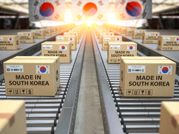 Made in Korea Południowa. Pudełka tekturowe z tekstem wykonanym w Korei i — Zdjęcie stockowe