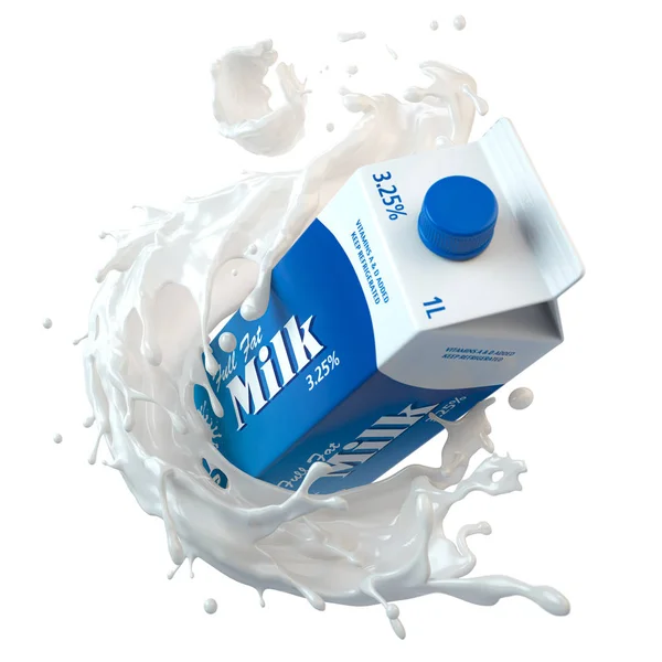 Молочна картонна коробка або упаковка тетра упаковки і бризки молока є — стокове фото