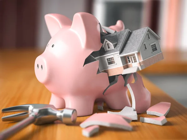 Коплю на покупку дома. Банк свиней и дом. Концепция экономии — стоковое фото