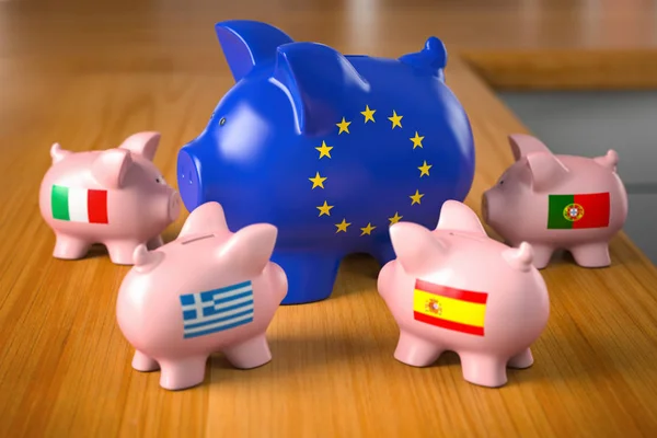 Concepto de países en crisis europea. Hucha en colores de la UE eu —  Fotos de Stock