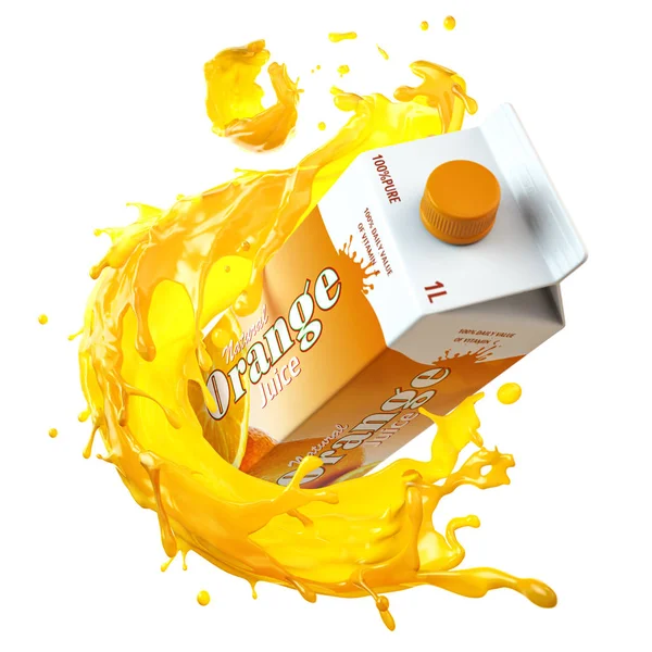 Orange juice carton cardboard box and splashon orange juice isol