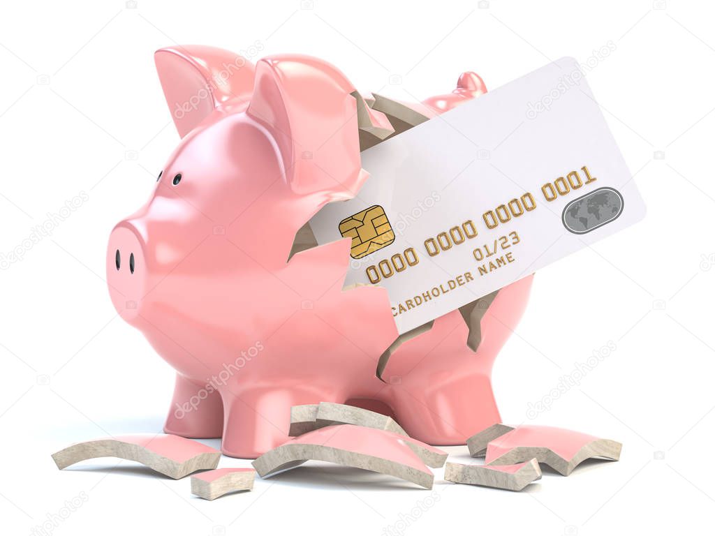 Piggy bank with credit card isolated on white background. Mockup