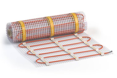Mat elektrikli zemin ısıtma sistemi beyaz izole. Isıtmalı sıcak