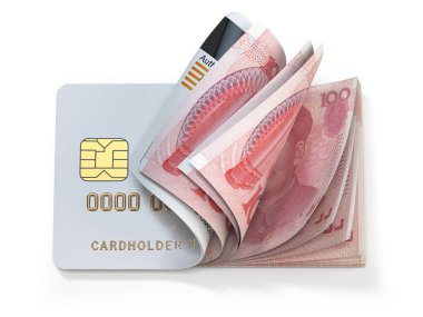 Kredi kartı ve Çin yuanı nakit. Bankacılık, alışveriş konsepti.