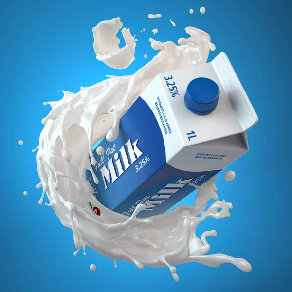Коробка с молоком или упаковка молока и брызги молока на голубом — стоковое фото