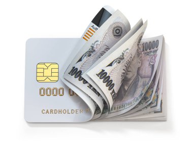 Kredi kartı ve Japonya yen nakit. Bankacılık, alışveriş konsepti. Op