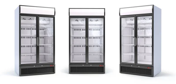 Uppsättning tomma Showcase kylskåp i mataffären. Kylskåp — Stockfoto