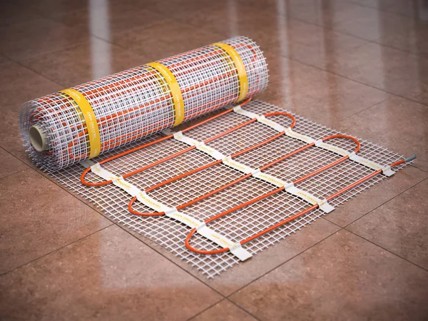 Mat electric floor heating system on kitchen tile Heated warm fl — Stock Photo, Image