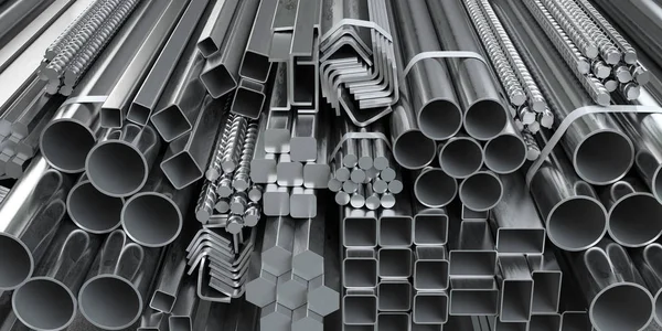 Farklı metal haddelenmiş ürünler. Paslanmaz çelik profiller ve tu — Stok fotoğraf