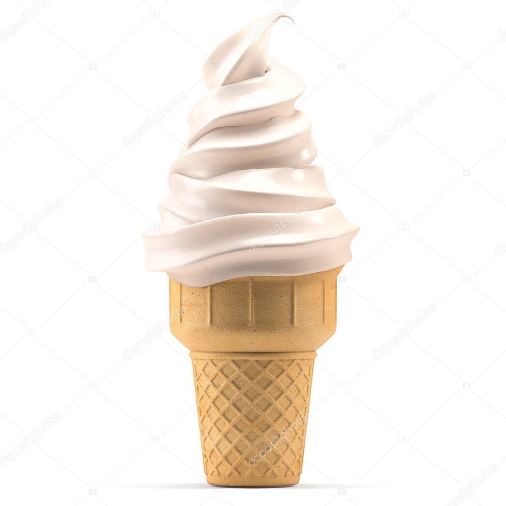 Soft serve ice cream in waffle cone isolated on white.