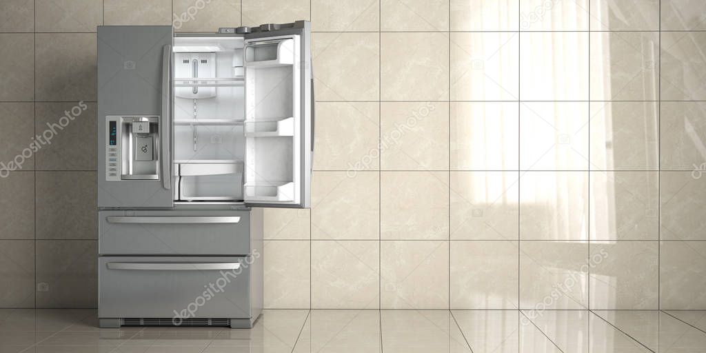 Side by side stainless steel refrigerator on white ceramic tile 