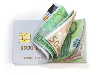 Kredi kartı ve euro nakit. Bankacılık, alışveriş konsepti. Açılış