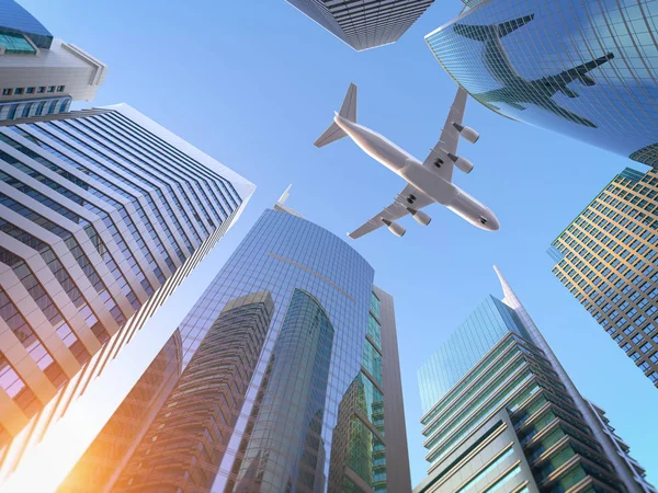 Airplane flying over skyscrapers n city downtown district. Busin — Stock Photo, Image