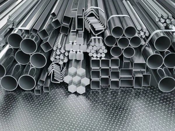 Stainless steel profiles and tubes. in warehouse background. Dif — Stock Photo, Image
