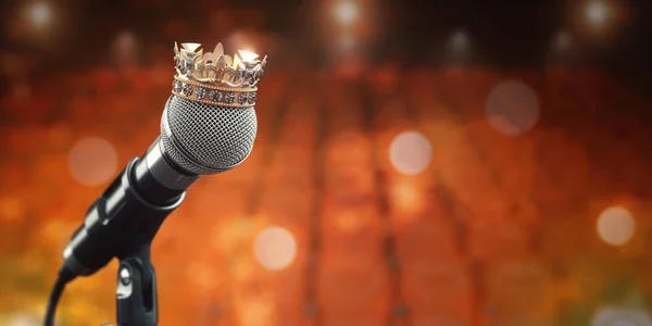 Microphone and king crown. Music award, concert of best singer, — Stock Photo, Image