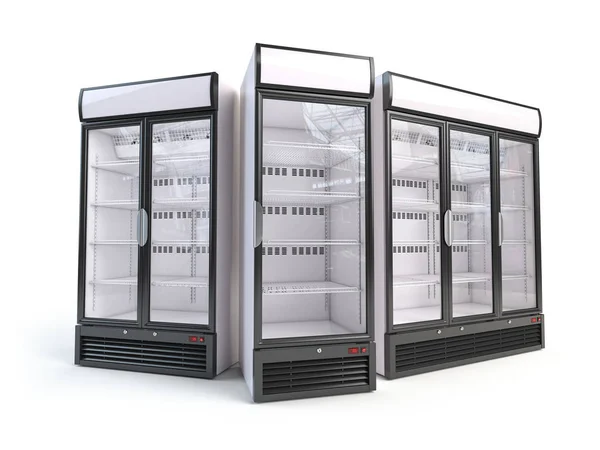 Set of  different empty showcase refrigerators. Fridges with gla — Stock Photo, Image