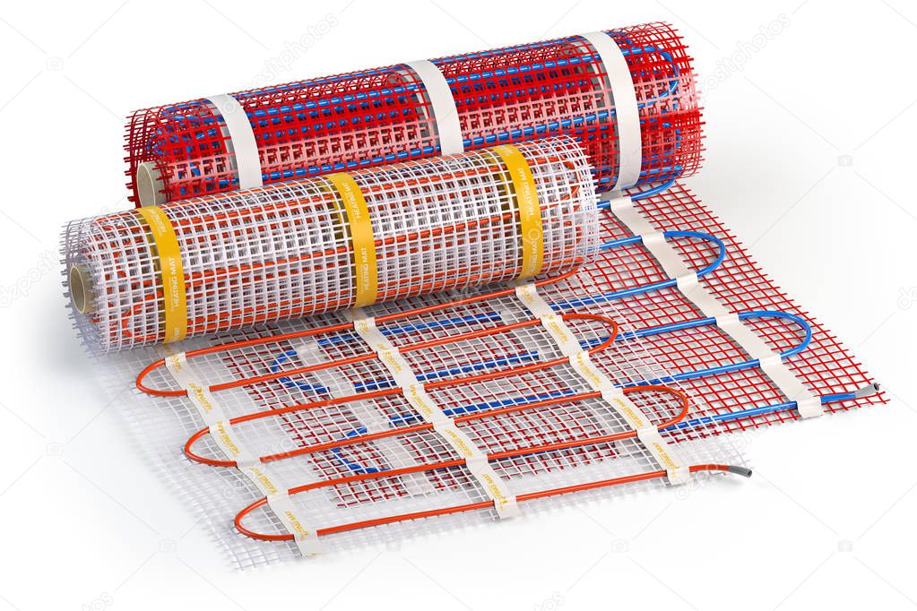 Mat electric floor heating system isolated on white. Heated warm