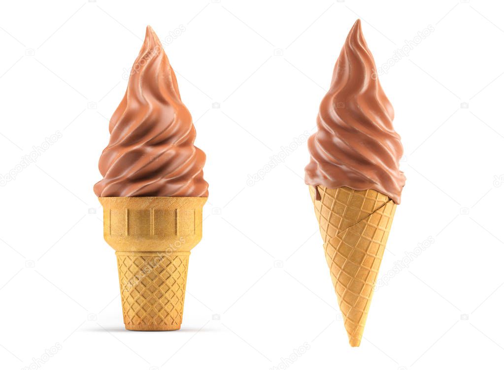 Ice cream in chocolate glaze waffle cone isolated on white.