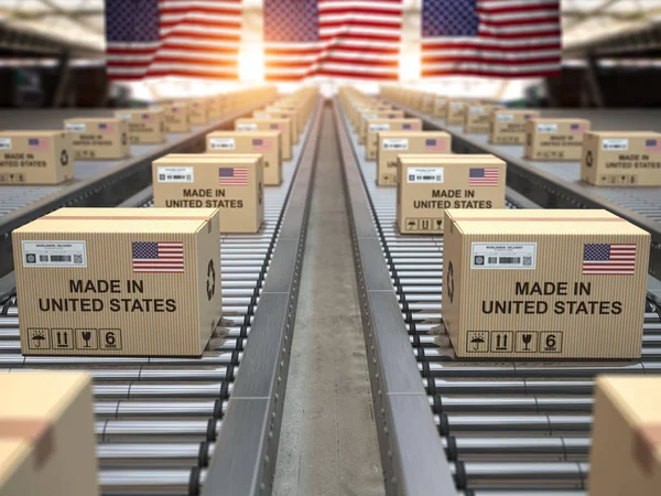 Made in USA United States. Cardboard boxes with text made in USA — Stock Photo, Image