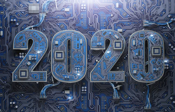 2020 on circuit board or motherboard with cpu. Computer technolo — Stock Photo, Image