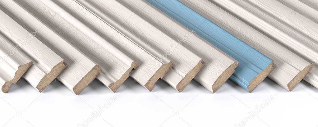 Set of wooden furniture CMD or MDF profiles. Smaples of white ba