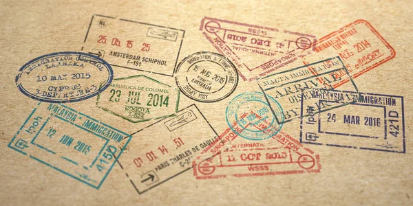 Háttér különböző vízumbélyegek kézműves papíron, — Stock Fotó
