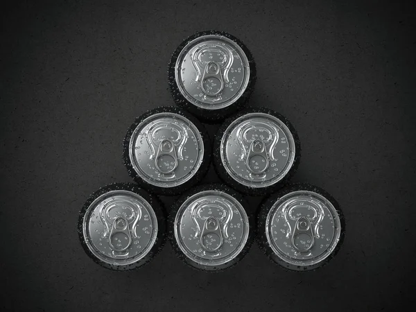 Pyramid from beer cans on black background. Top view. — Stock Photo, Image
