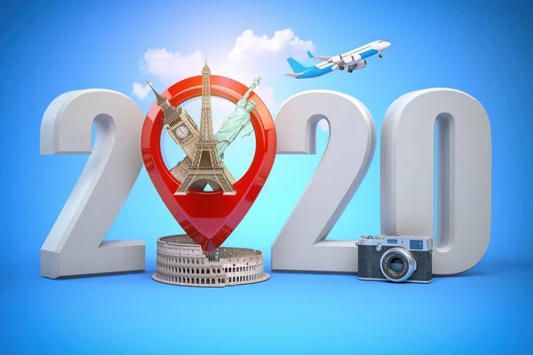 2020 Happy new year. Number 2020 and pin with most popular landm — Stock Photo, Image