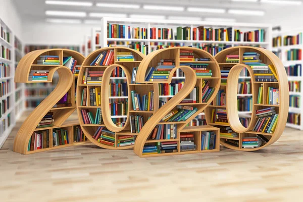 2020 έννοια της εκπαίδευσης το νέο έτος. Βιβλιοθήκες με βιβλία στο f — Φωτογραφία Αρχείου