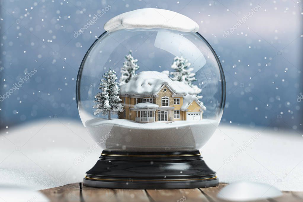 Merry christmas snow globe with a house on snowfall winter backg