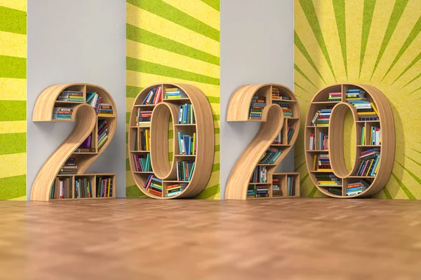 2020 έννοια της εκπαίδευσης το νέο έτος. Βιβλιοθήκες με βιβλία στο f — Φωτογραφία Αρχείου