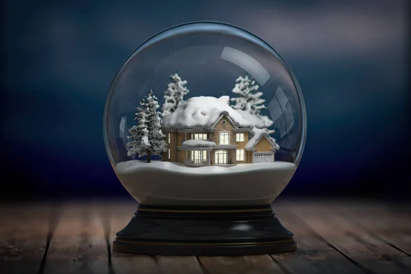 Szklana kula śnieżna i dom ze światłami w oknach w nocy — Zdjęcie stockowe