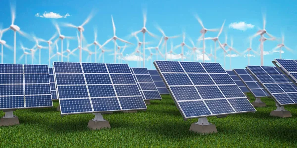 Paneles solares con turbinas eólicas en el paisaje de verano al atardecer. Gree. — Foto de Stock