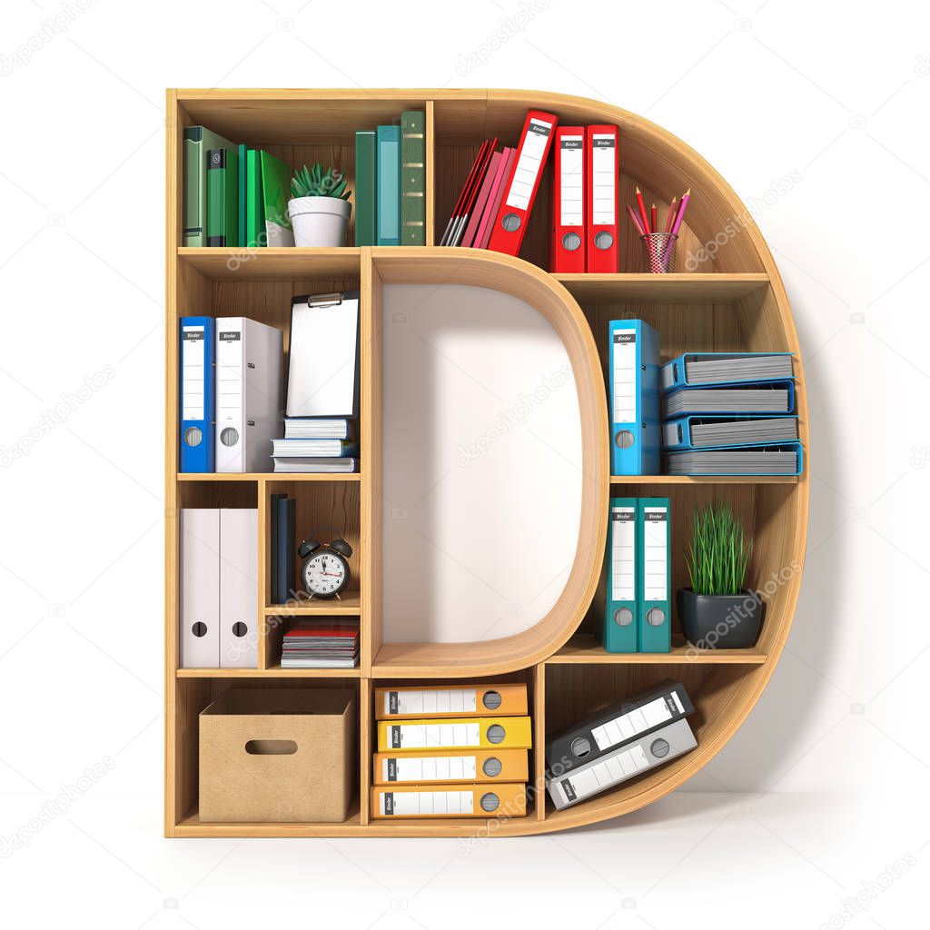 Letter D. Alphabet in the form of shelves with file folder, bind