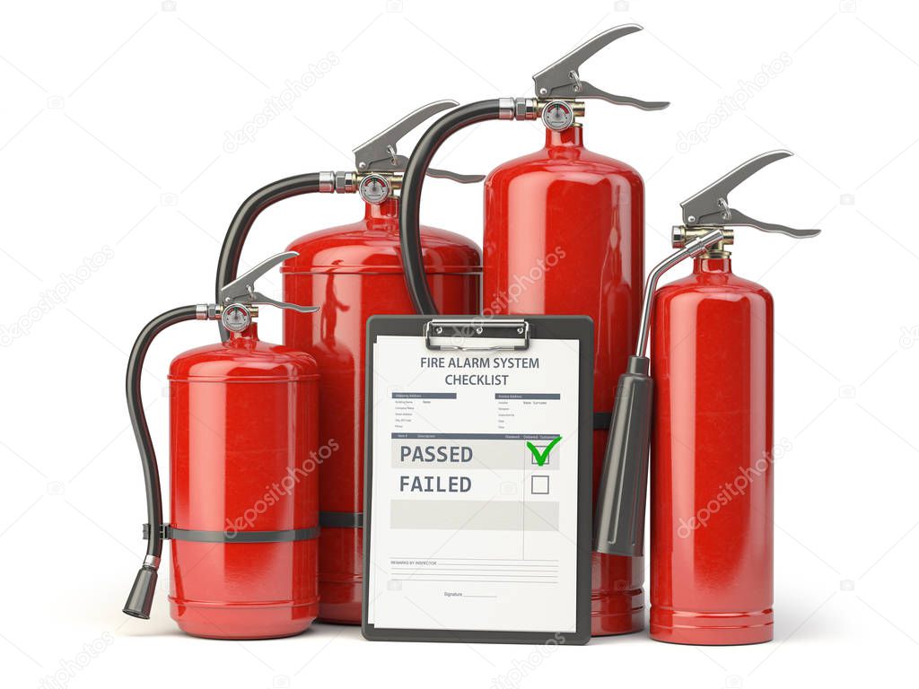 Fire extinguisher checking concept. Fire extinguisher and clipbo