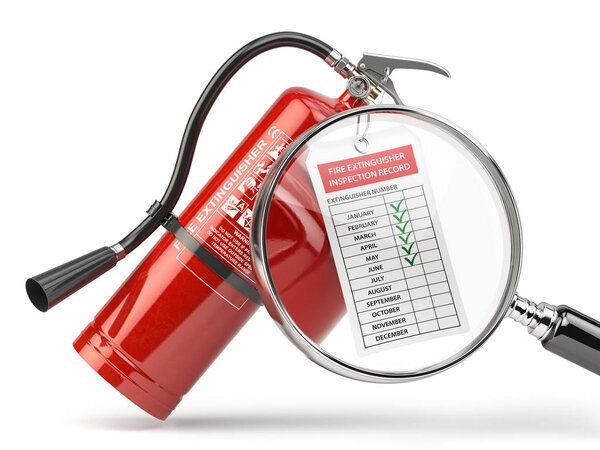Fire extinguisher checking concept. Fire extinguisher,  loupe wi