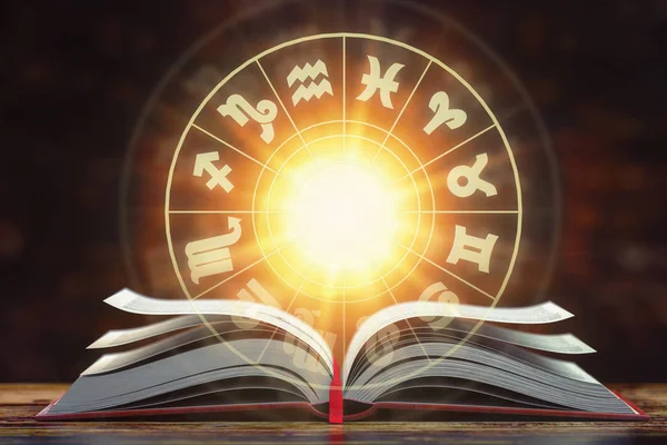 Astrologie-Horoskop-Konzept. aufgeschlagenes Buch mit magischem Sternzeichen — Stockfoto