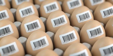 Chicken eggs with barcode stickers. Quality control concept. 3d illustration clipart