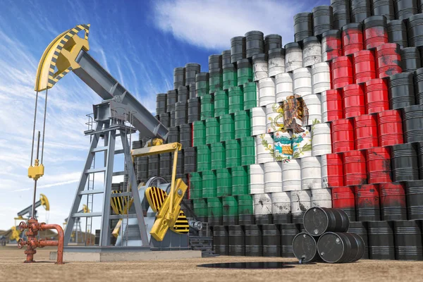 Ölförderung Und Förderung Mexiko Ölpumpe Und Ölfässer Mit Mexikanischer Flagge — Stockfoto