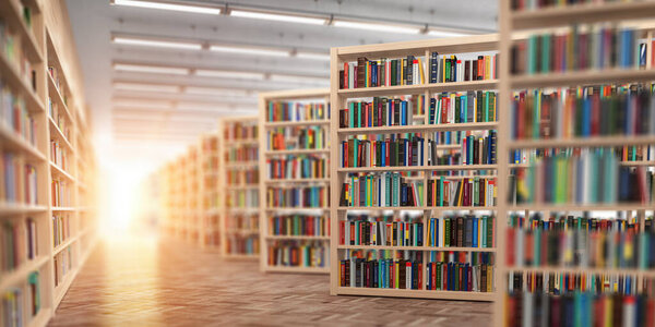 Library. Bookshelves with books and textbooks. Learning and education concept. 3d illustration