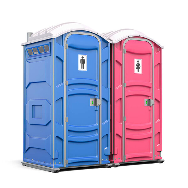Portable plastic toilet or public facilities for using in public places isolated on white. 3d illustration