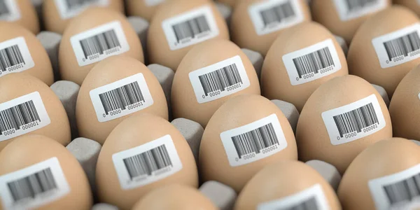 Uova Pollo Con Adesivi Codici Barre Concetto Controllo Qualità Illustrazione — Foto Stock