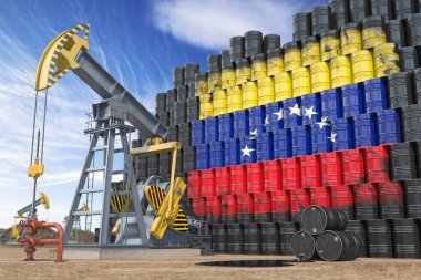 Venezuela 'da petrol üretimi ve çıkarılması. Petrol pompası kriko ve içinde Venezuela bayrağı olan petrol varilleri. 3d illüstrasyon